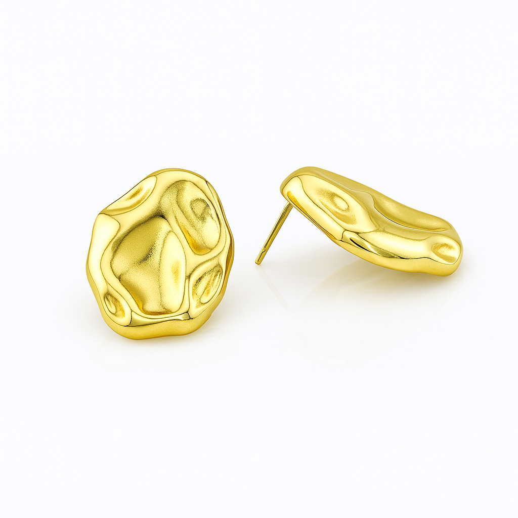 Organic Gold Plated Stud Earrings, Textured Design, 3 cm