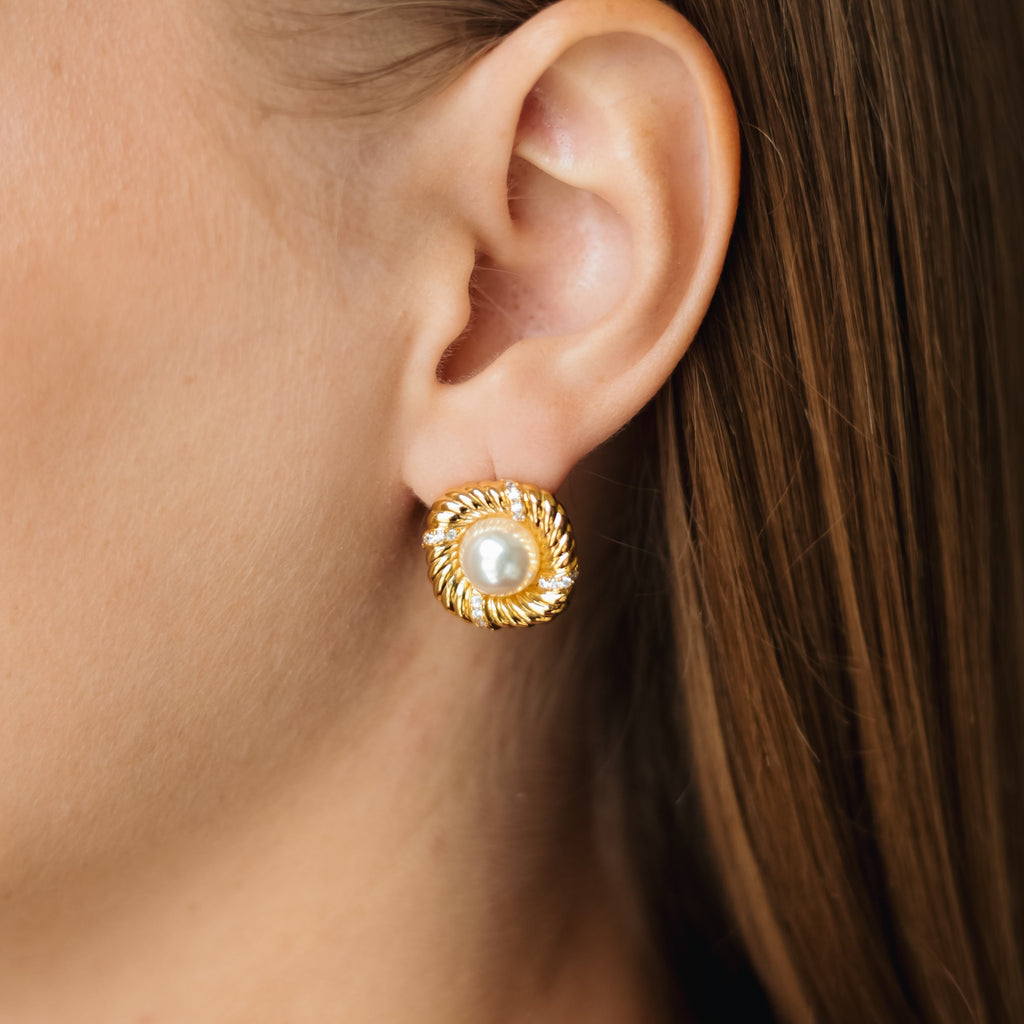 Pearl Stud Earrings Gold Plated 1.5cm CZ Statement Design
