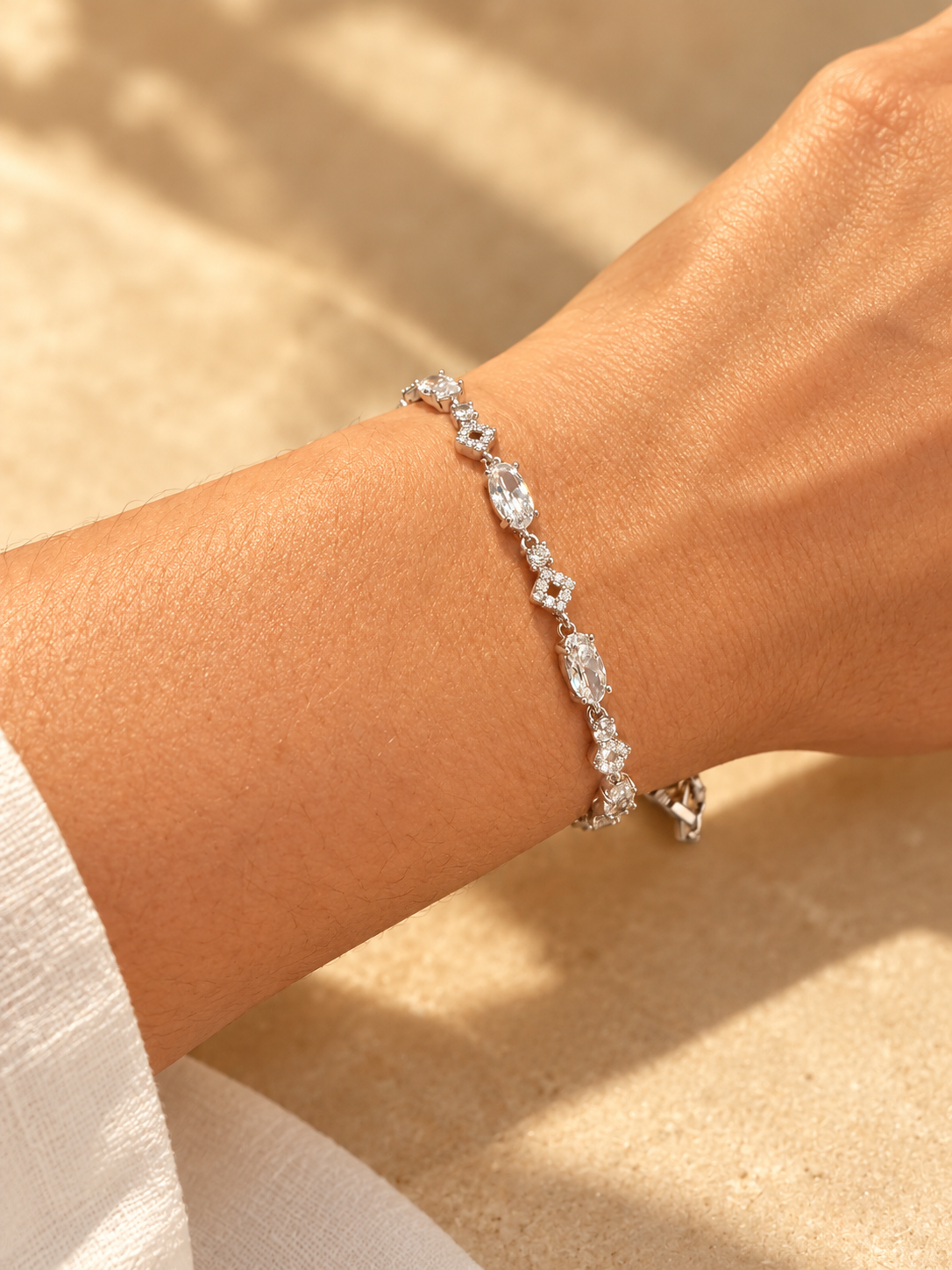 Oval CZ Geometric Link Bracelet – White Gold Plated Brass, 4 mm