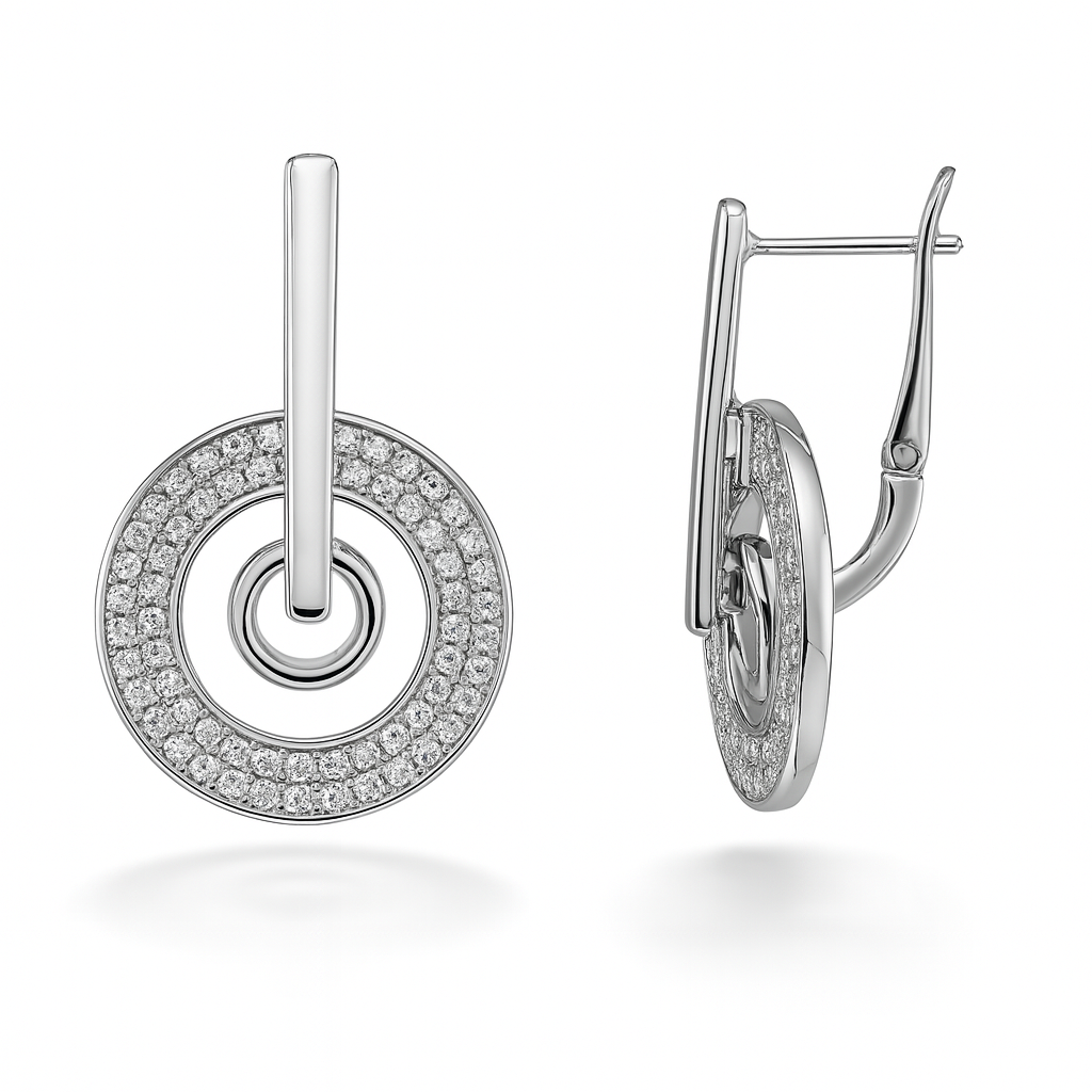 White Gold Plated CZ Drop Earrings 2.8cm Geometric Design