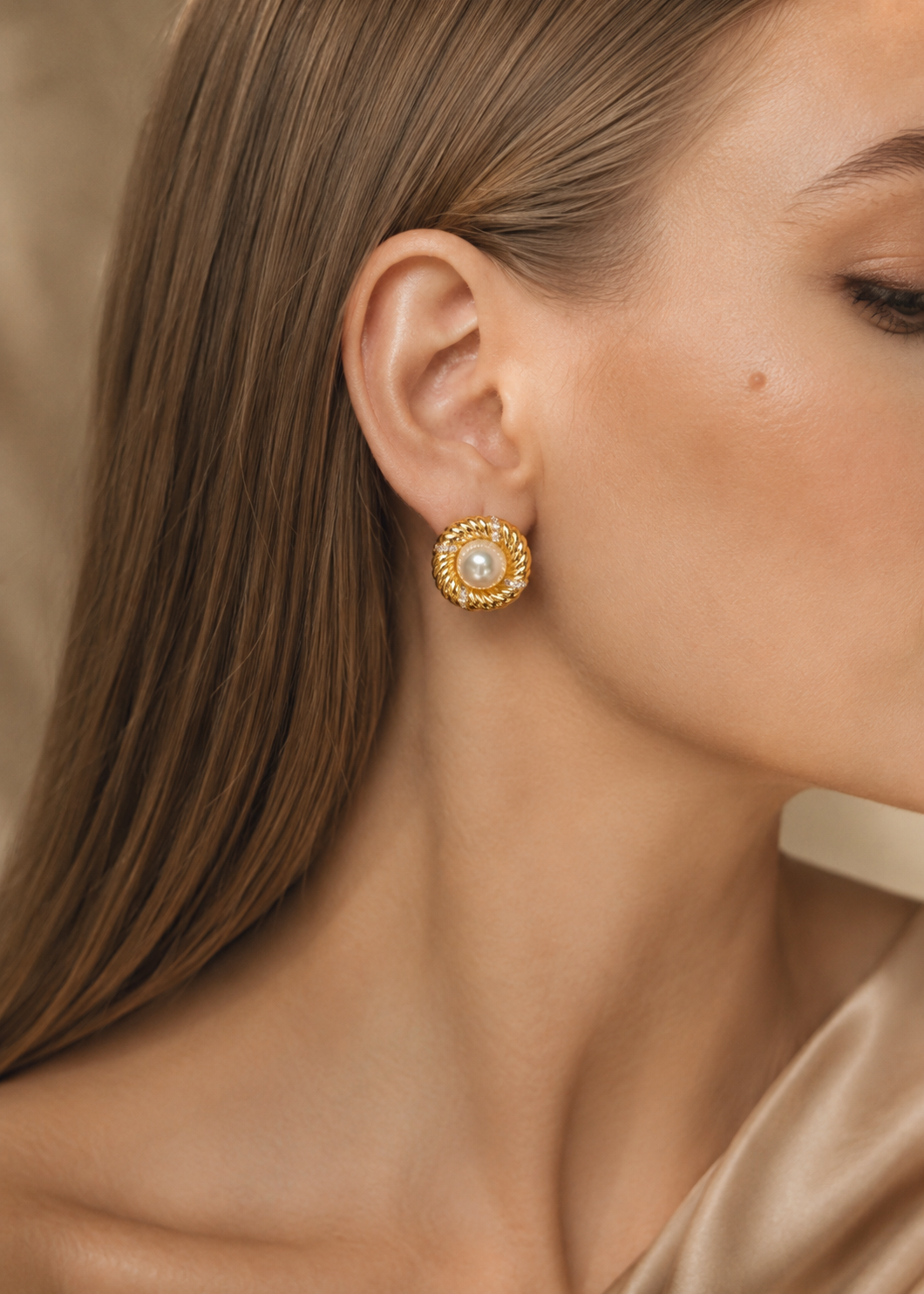 Pearl Stud Earrings Gold Plated 1.5cm CZ Statement Design