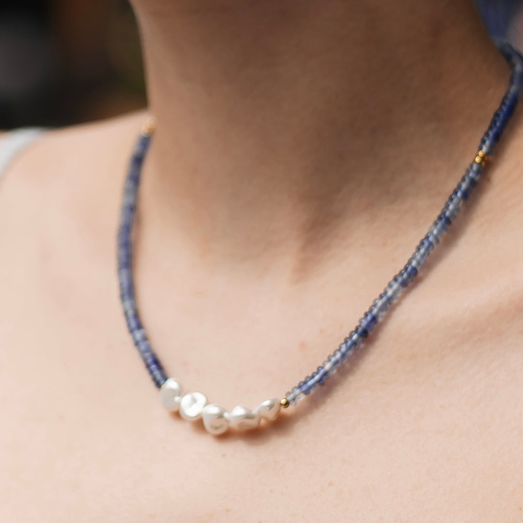 Blue Beaded Necklace with Baroque Pearl | Gold Plated Stainless Steel Clasp