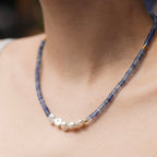 Blue Beaded Necklace with Baroque Pearl | Gold Plated Stainless Steel Clasp