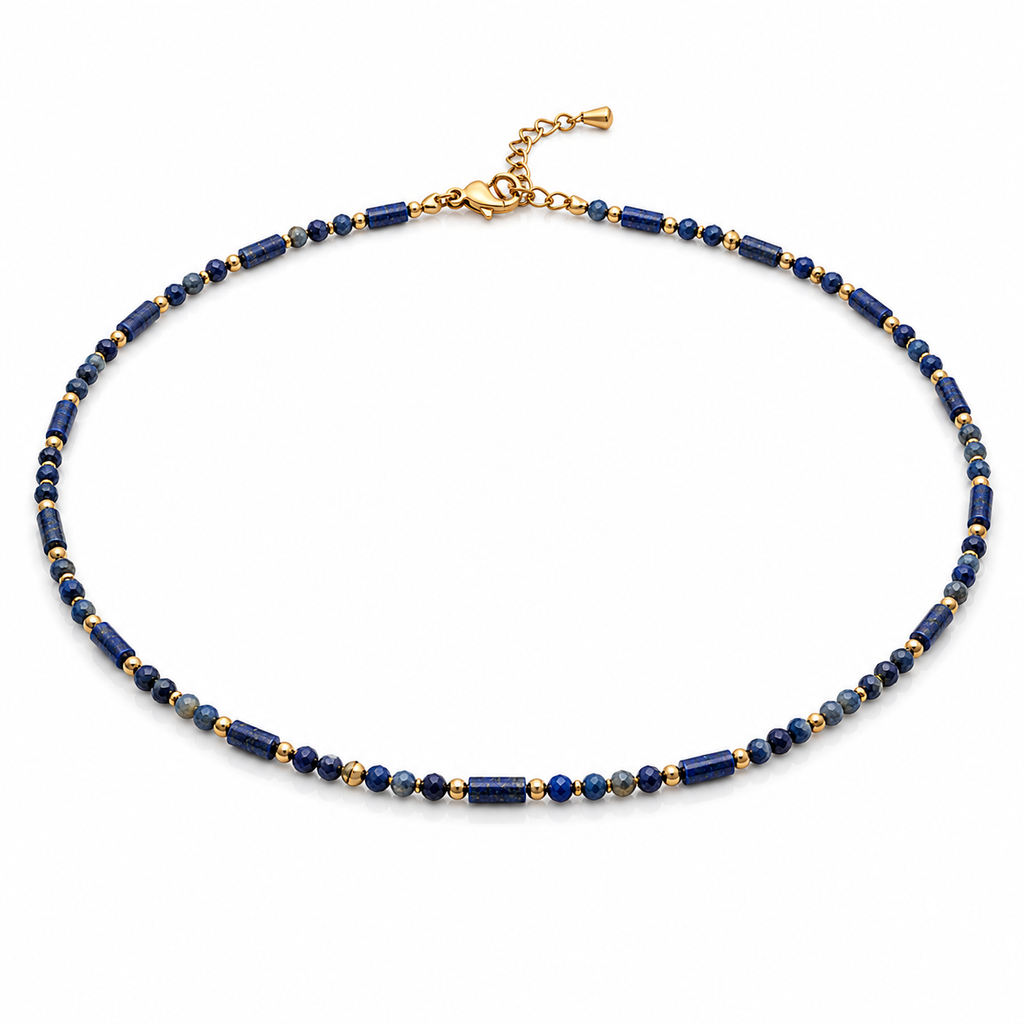Natural Gemstone Beaded Necklace for Women – Spinel, Amazonite, Malachite, Apatite & Agate, Gold Plated Stainless Steel, 38+5 cm