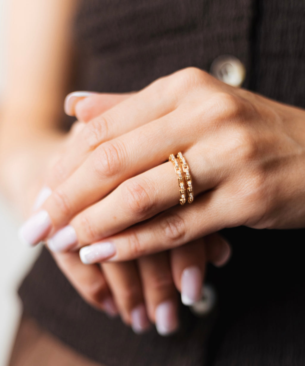 Gold Plated Double Row Ring with Cubic Zirconia – Adjustable 6-7
