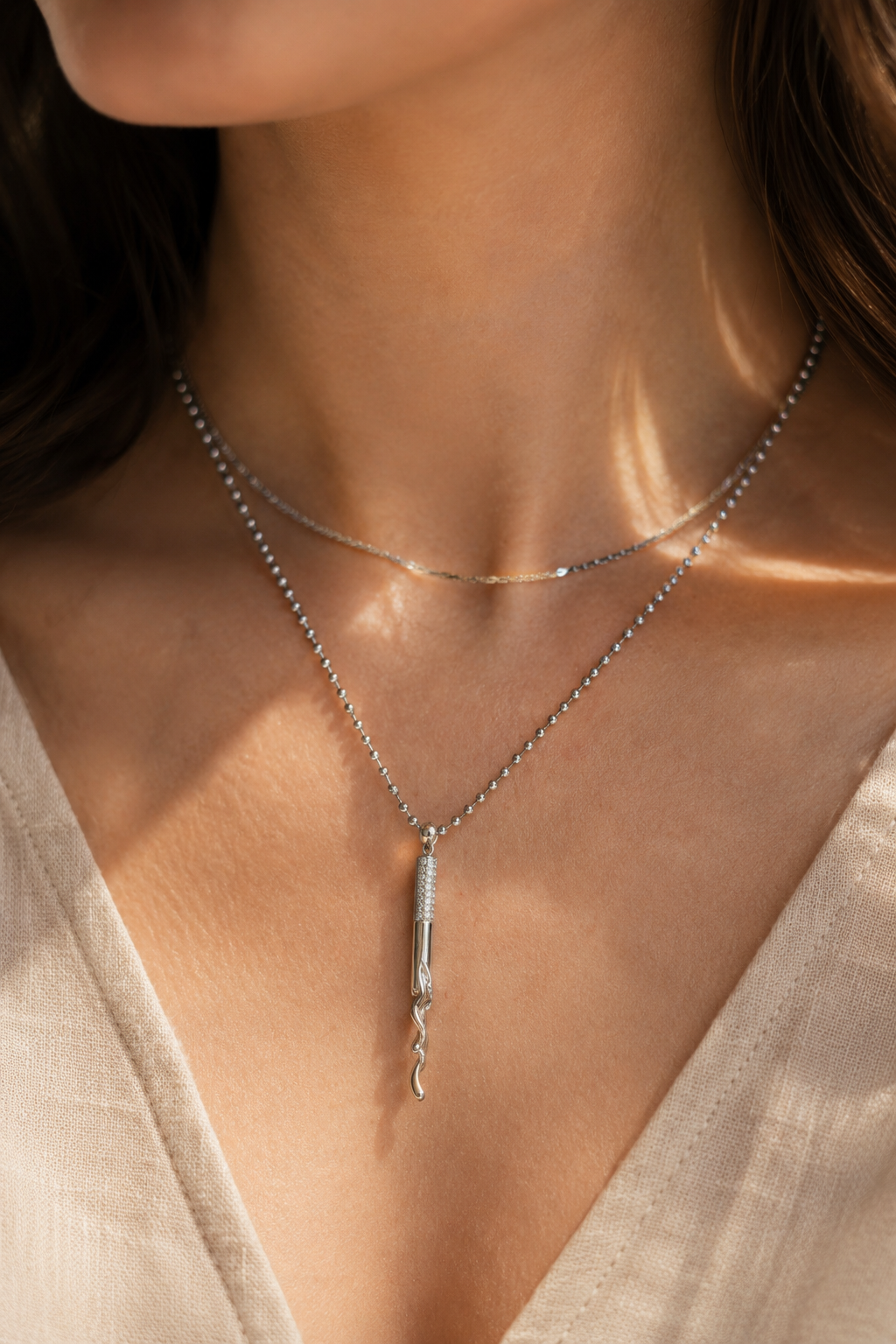 White Gold Plated Layered Necklace with Crystal Pendant – Double Layer Hypoallergenic Necklace 36 cm + 45+5 cm
