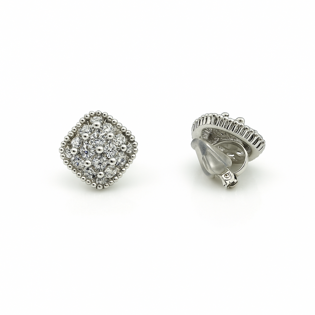 Rhodium Plated Clip-On Earrings with Pearls & CZ – 1.5 cm Square