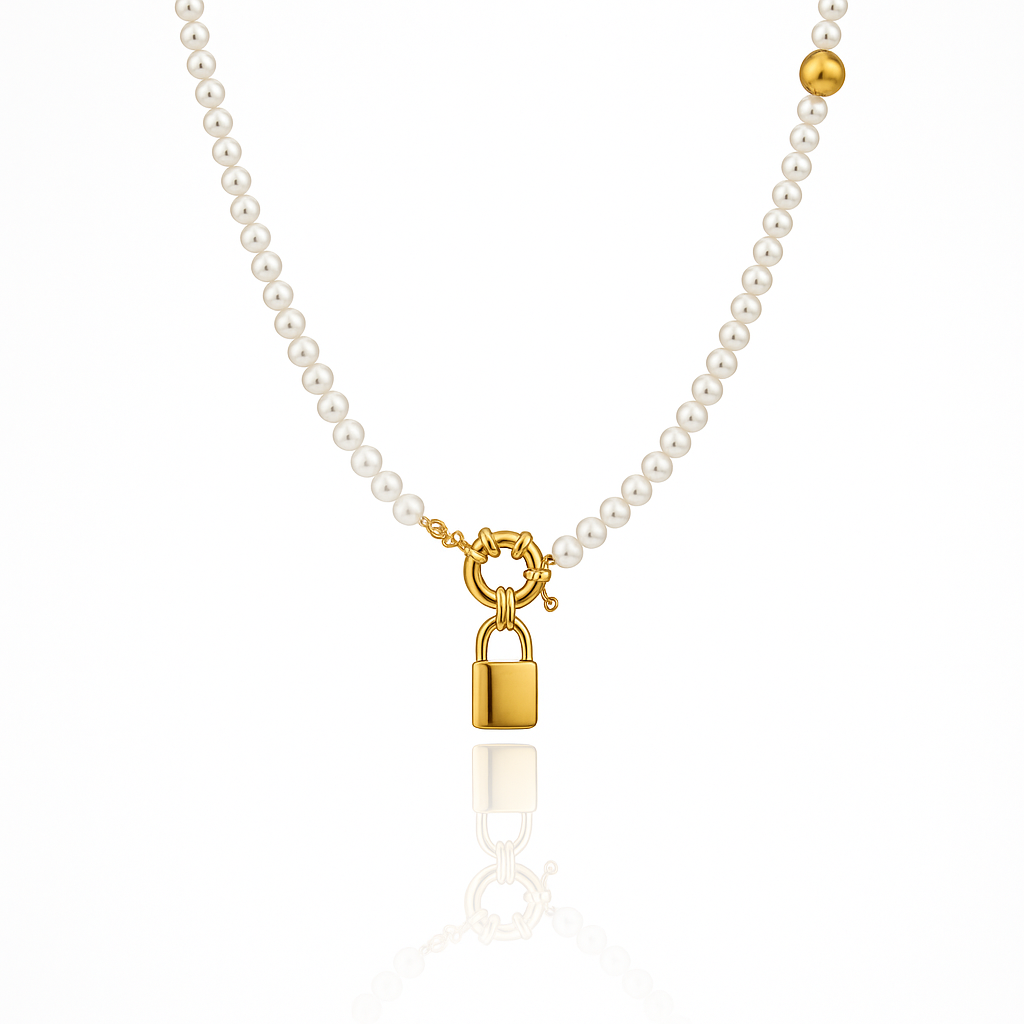 Sedy Jewelry Pearl Beaded Necklace with Gold or Rhodium Lock Pendant