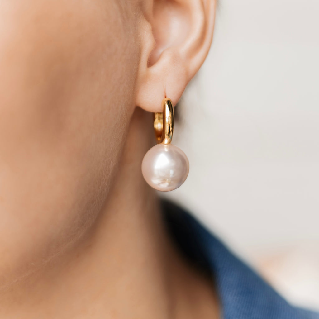 Gold Plated Pearl Drop Hoop Earrings | Chunky Pearl Earrings