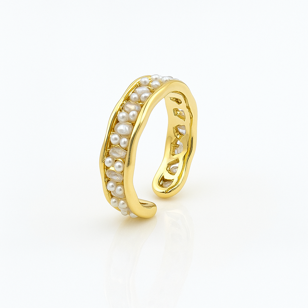 Gold Plated Adjustable Ring with Pearls and Cubic Zirconia