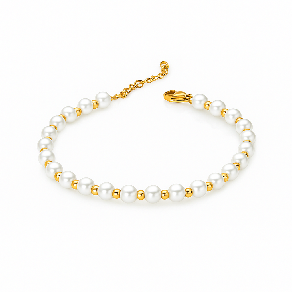 Gold Plated Bracelet with Faux Pearls & Golden Accents – 16+5 cm