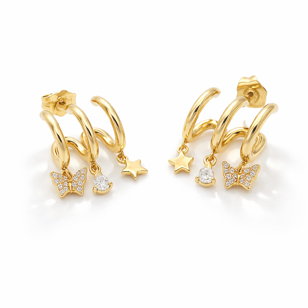 Gold Plated Multi Charm Hoop Earrings, 2 cm