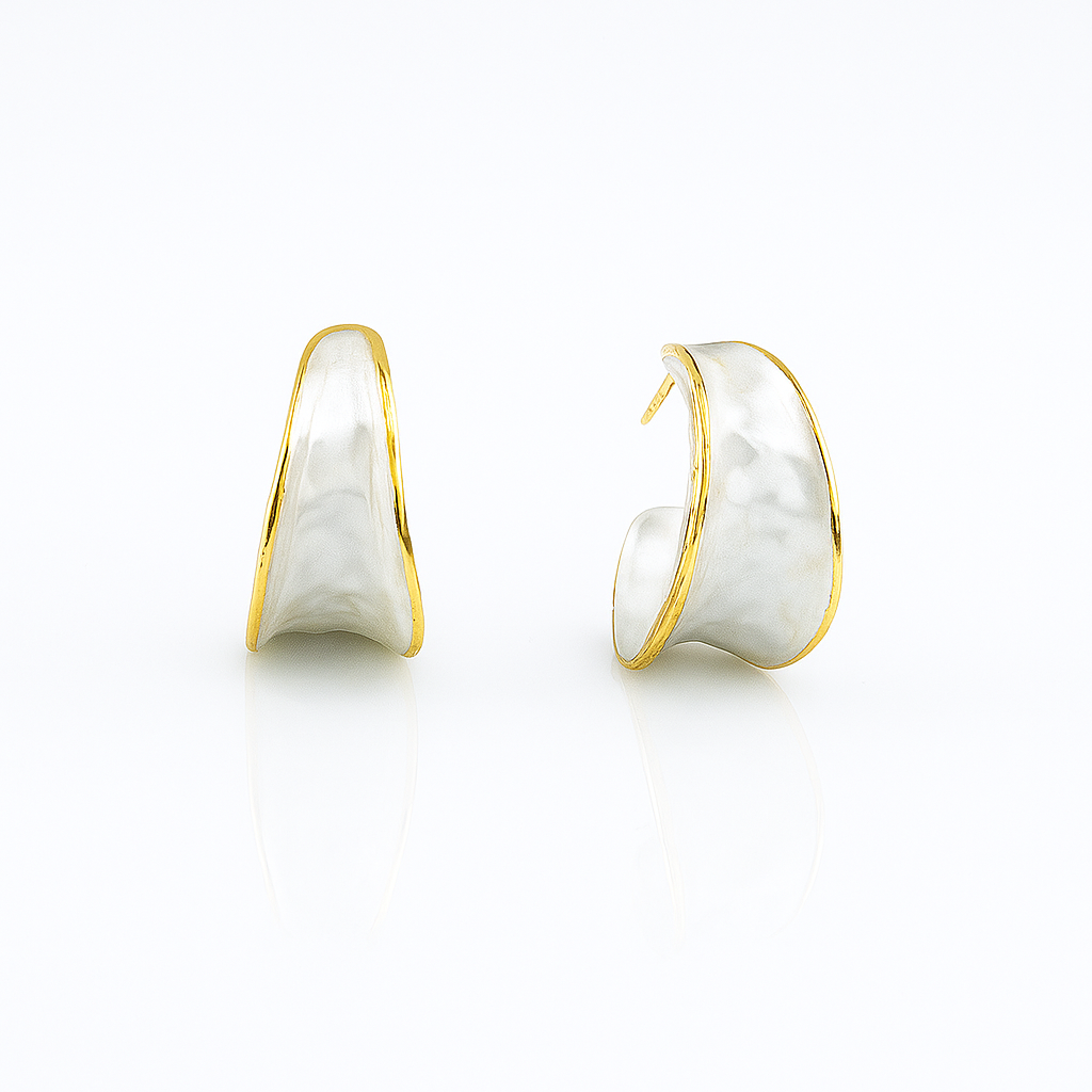 Gold Plated Hoop Earrings with White Enamel, 2 cm