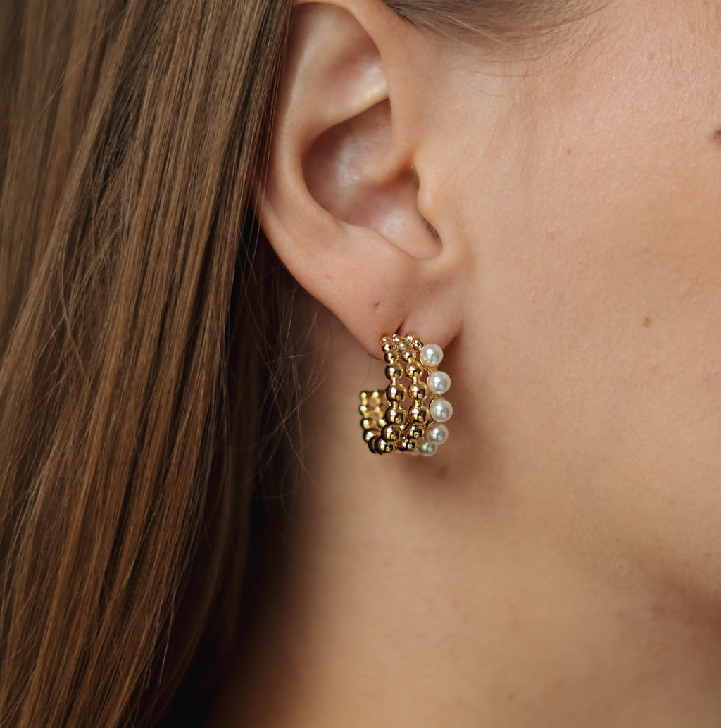 Gold Plated Beaded Hoop Earrings with Synthetic Pearls, 2 cm