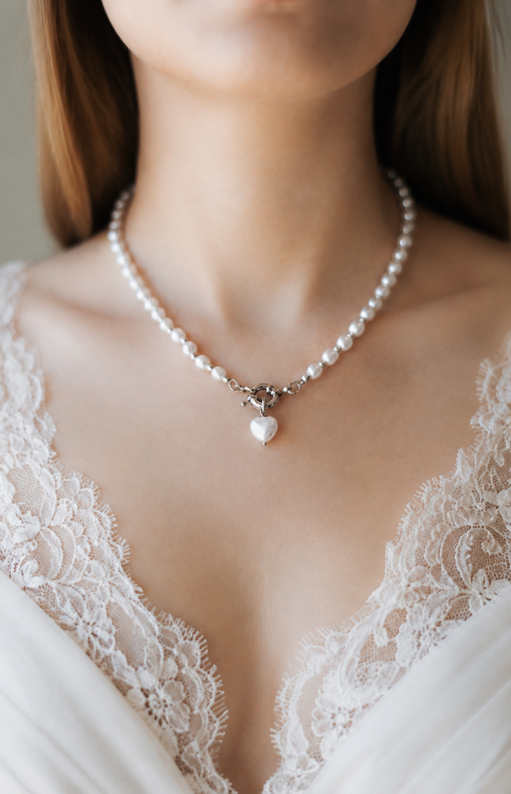 Pearl Necklace with Heart Pendant – Gold or Silver Plated