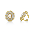 Gold Plated Oval Clip-On Earrings with Faux Pearl & CZ Accents