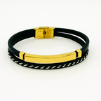 Men’s Black Leather Bracelet with Gold-Tone Stainless Steel Accents, 21 cm