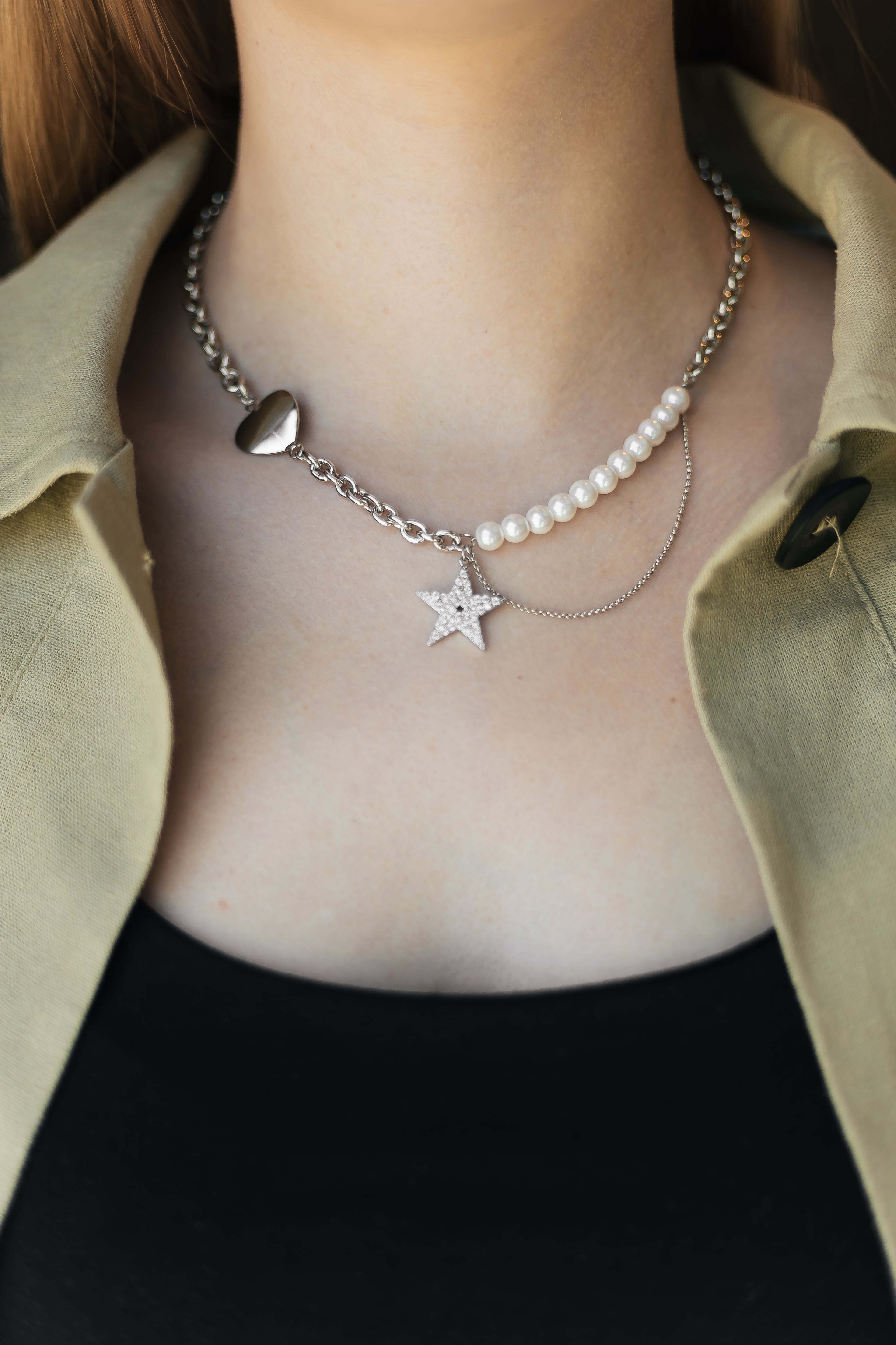 Layered Pearl Necklace with Star Pendant – Rhodium Plated 45+5 cm