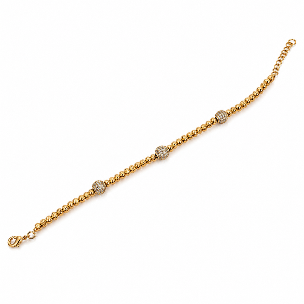 Gold Plated Beaded Bracelet with CZ Accent Beads – Adjustable 17+2 cm