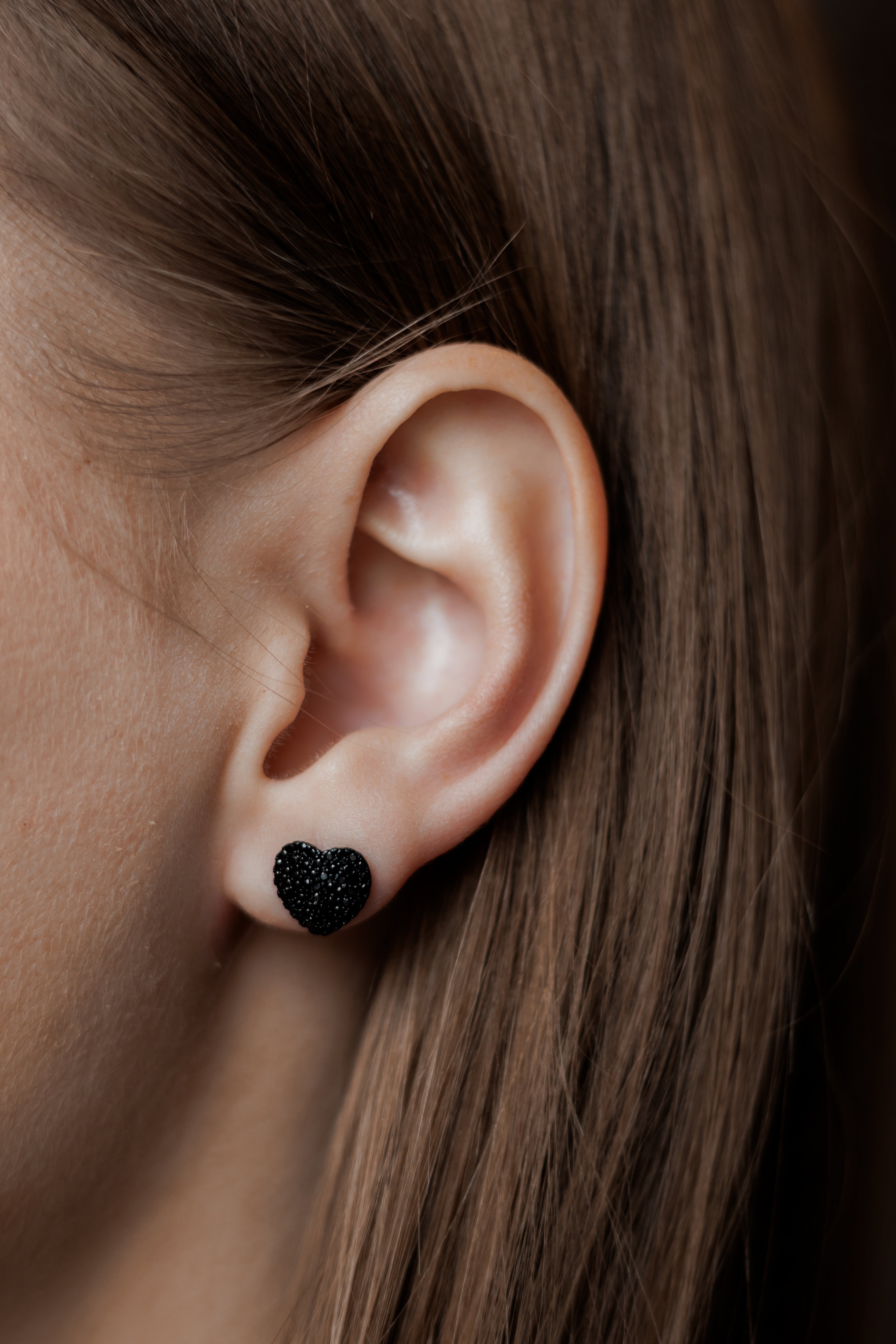 Black Heart Stud Earrings, 1cm (0.39”), Black Crystal Pave, Rhodium Plated