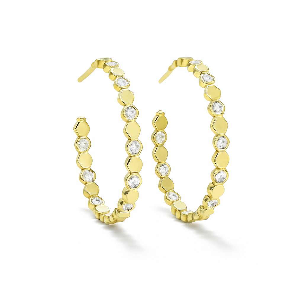Gold Plated CZ Hoop Earrings, 4.5 cm, Sterling Silver Post