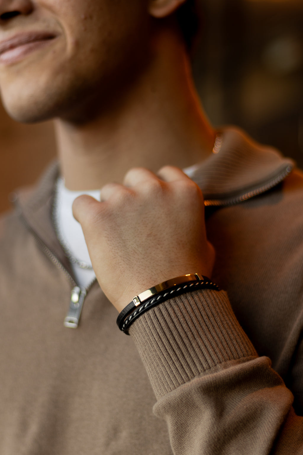 Men’s Black Leather Bracelet with Gold-Tone Stainless Steel Accents, 21 cm