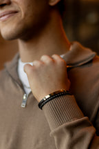 Men’s Black Leather Bracelet with Gold-Tone Stainless Steel Accents, 21 cm