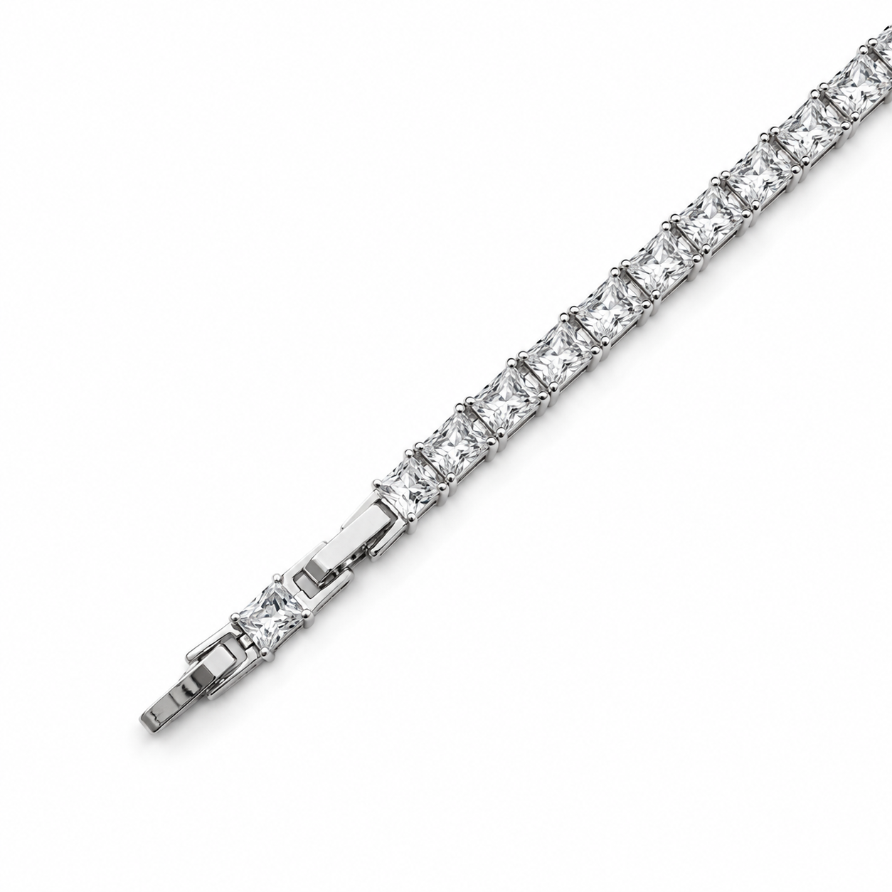 Rhodium Plated Princess Cut CZ Tennis Bracelet – Adjustable 18 + 2 cm, 7 mm Wide