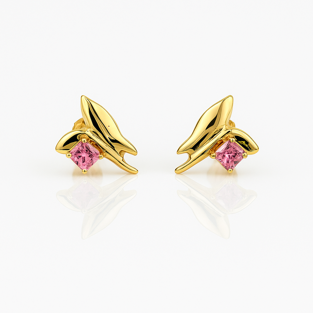 Sedy Jewelry Gold Plated Butterfly Stud Earrings with Pink CZ Stone – 1.5cm