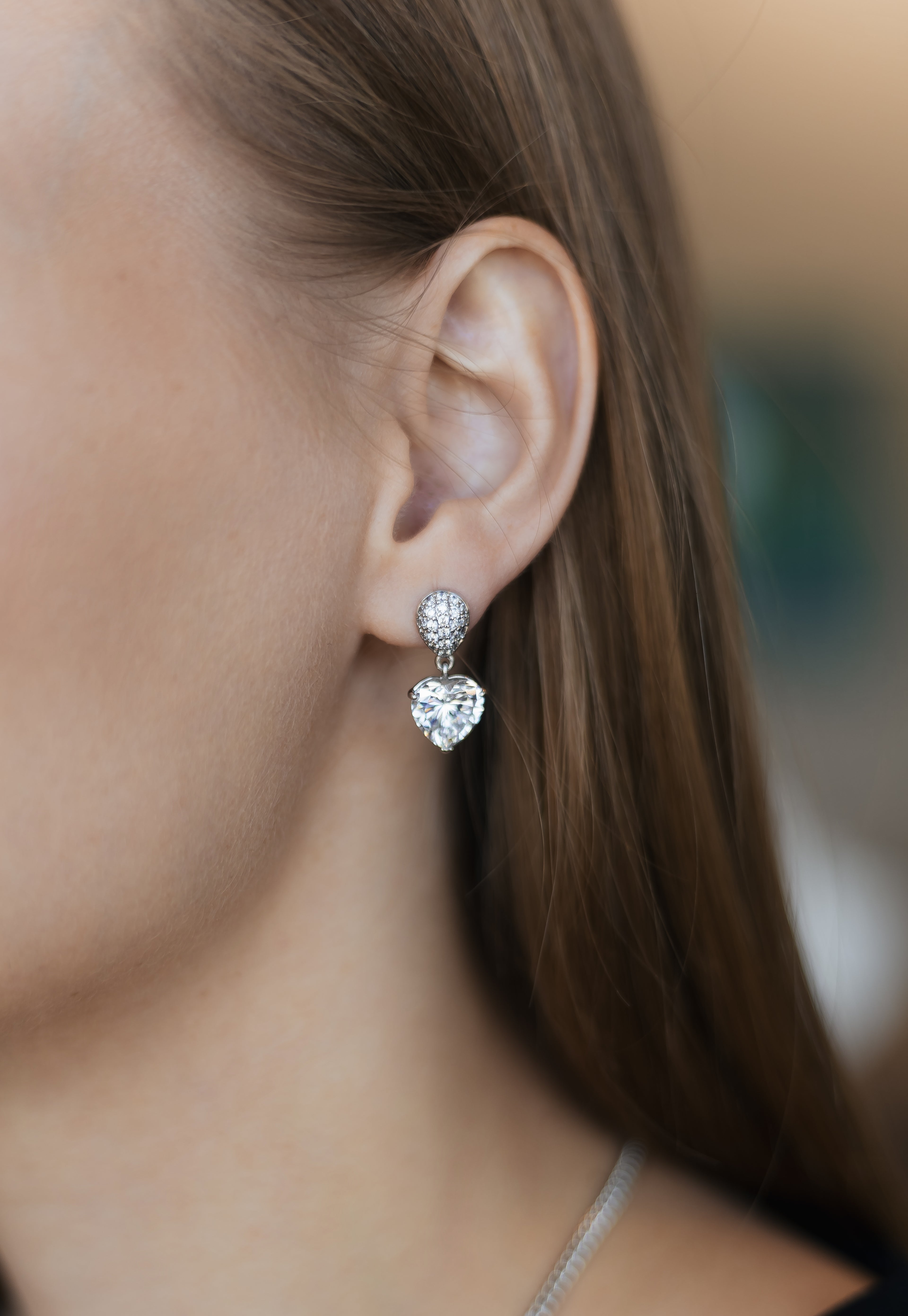 Heart Drop Stud Earrings with White Gold Plating & Cubic Zirconia