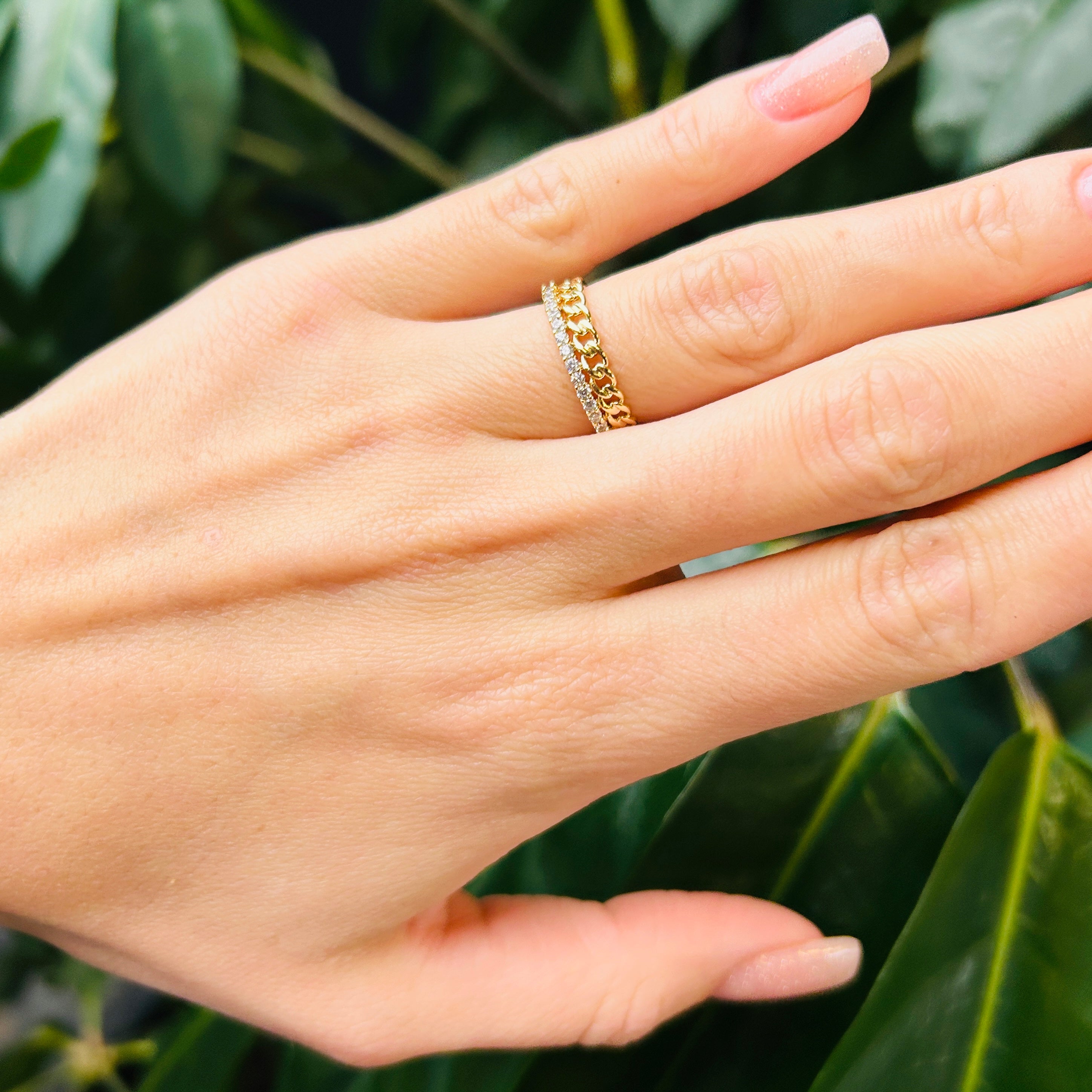 Gold Plated Chain Ring with CZ Stones, 4mm Width, Size 6/7