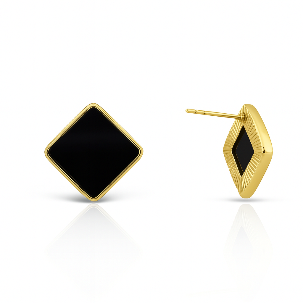 Black Square Stud Earrings, Gold Plated, 2 cm