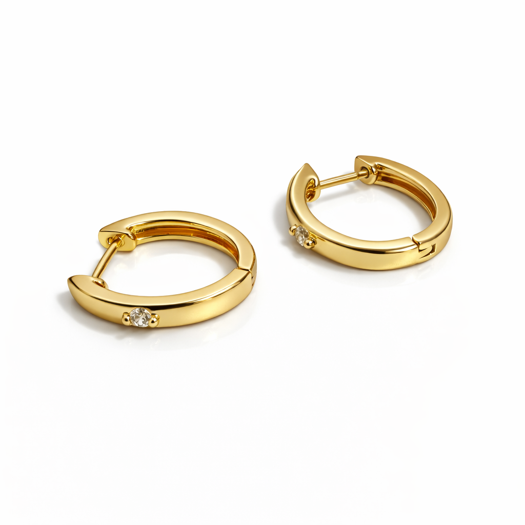 Gold Plated Huggie Hoop Earrings with CZ Stone – 16 mm
