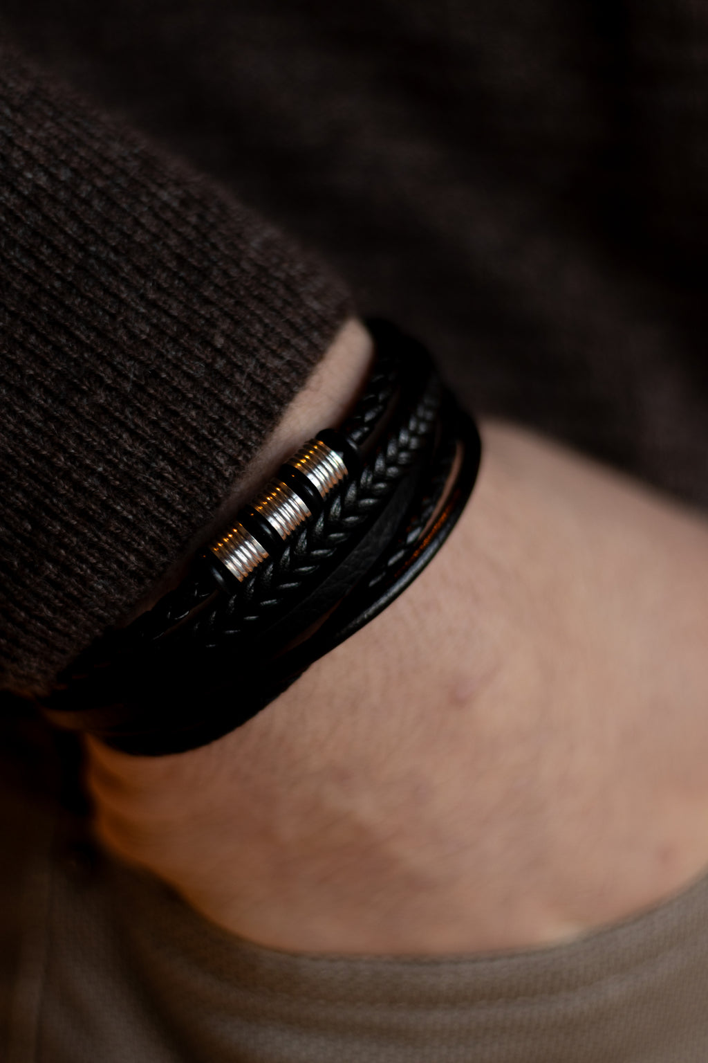 Men’s Leather Bracelet with Gold or Silver Stainless Steel Details