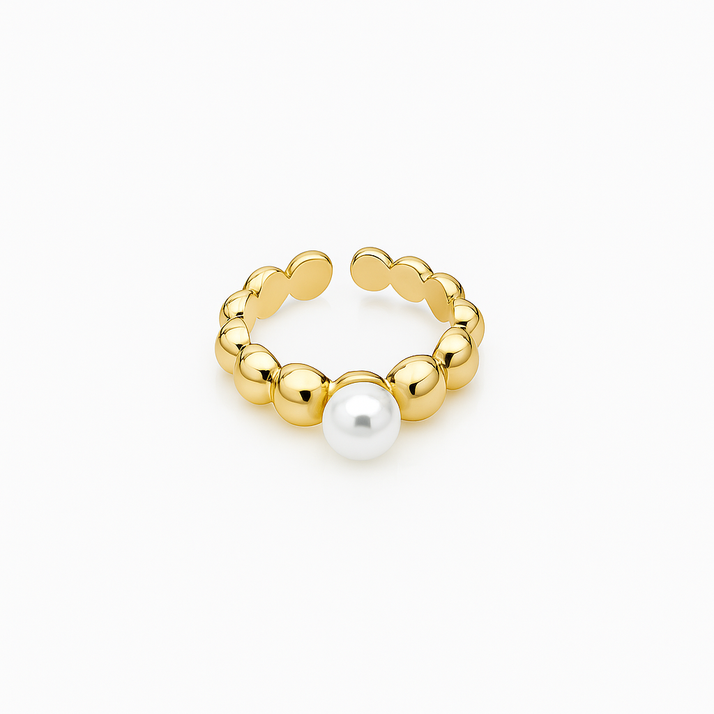 Gold Plated Beaded Ring with Imitation Pearl – Adjustable Size 6/7