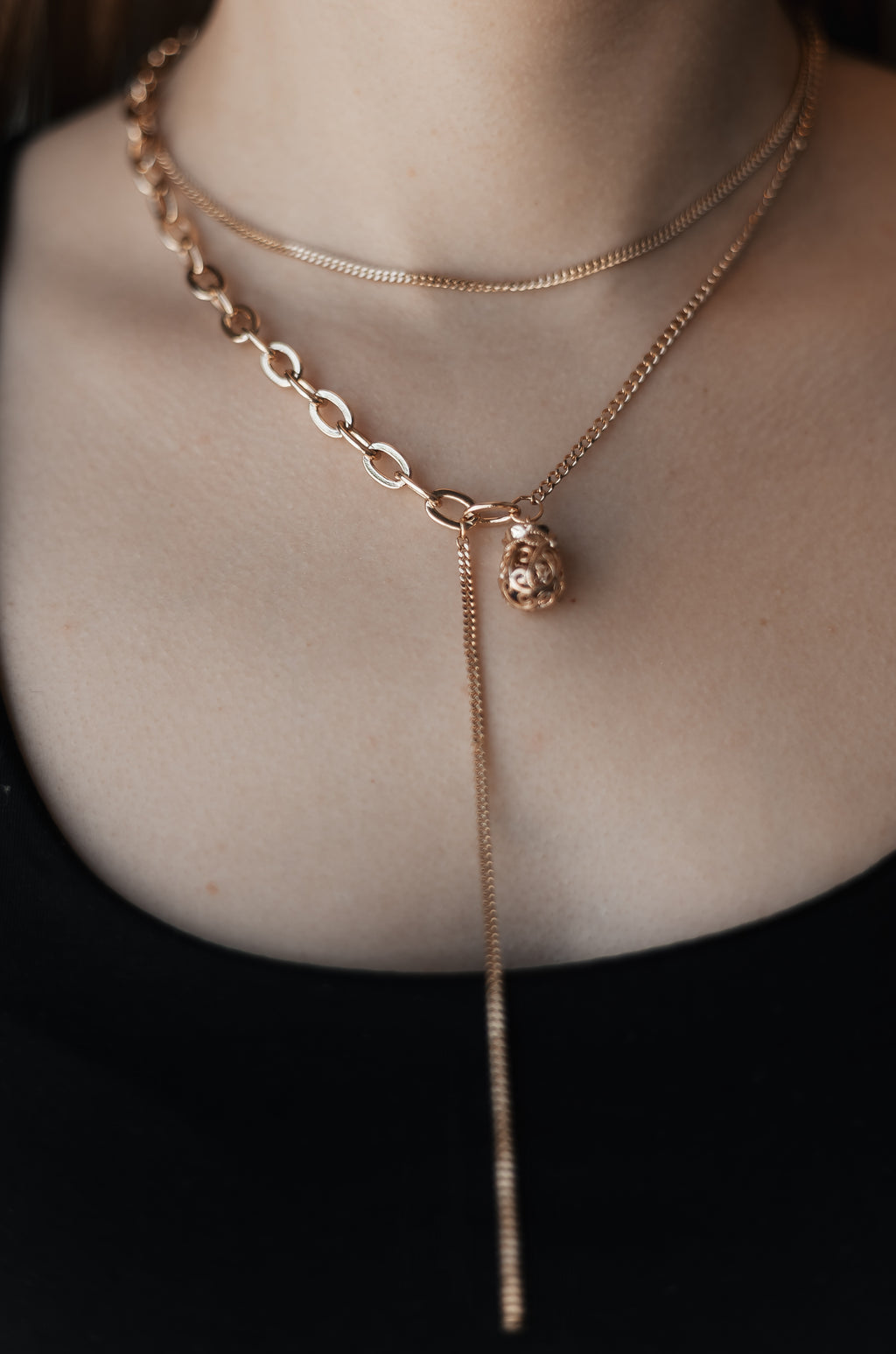 Rose Gold Plated Layered Necklace – Multi Layer Y Necklace 35 / 45+5 cm