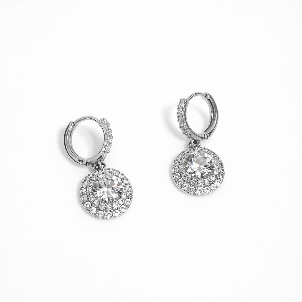 Silver Plated CZ Drop Hoop Earrings with Round Pendant, 2.7 cm