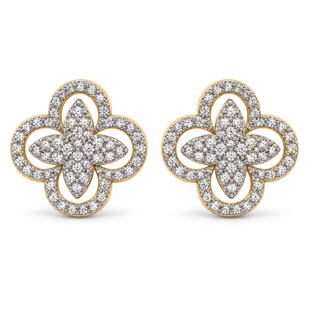 Openwork Floral CZ Stud Earrings – Gold or White Gold Plated, 18 mm