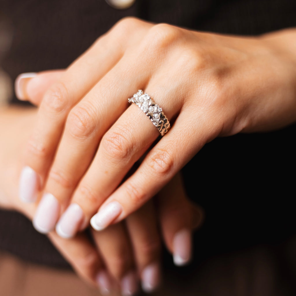 Wide Band Ring with CZ Stones, Size 7 | Rhodium Plated