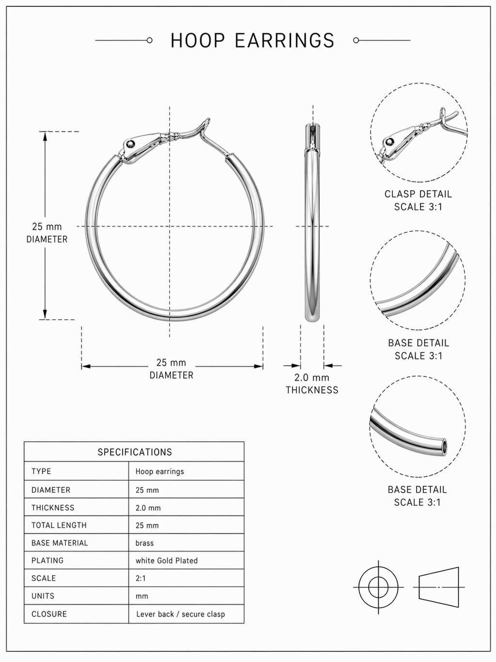 Classic Hoop Earrings – White Gold Plated, 2.5/3/3.5/4.5 см