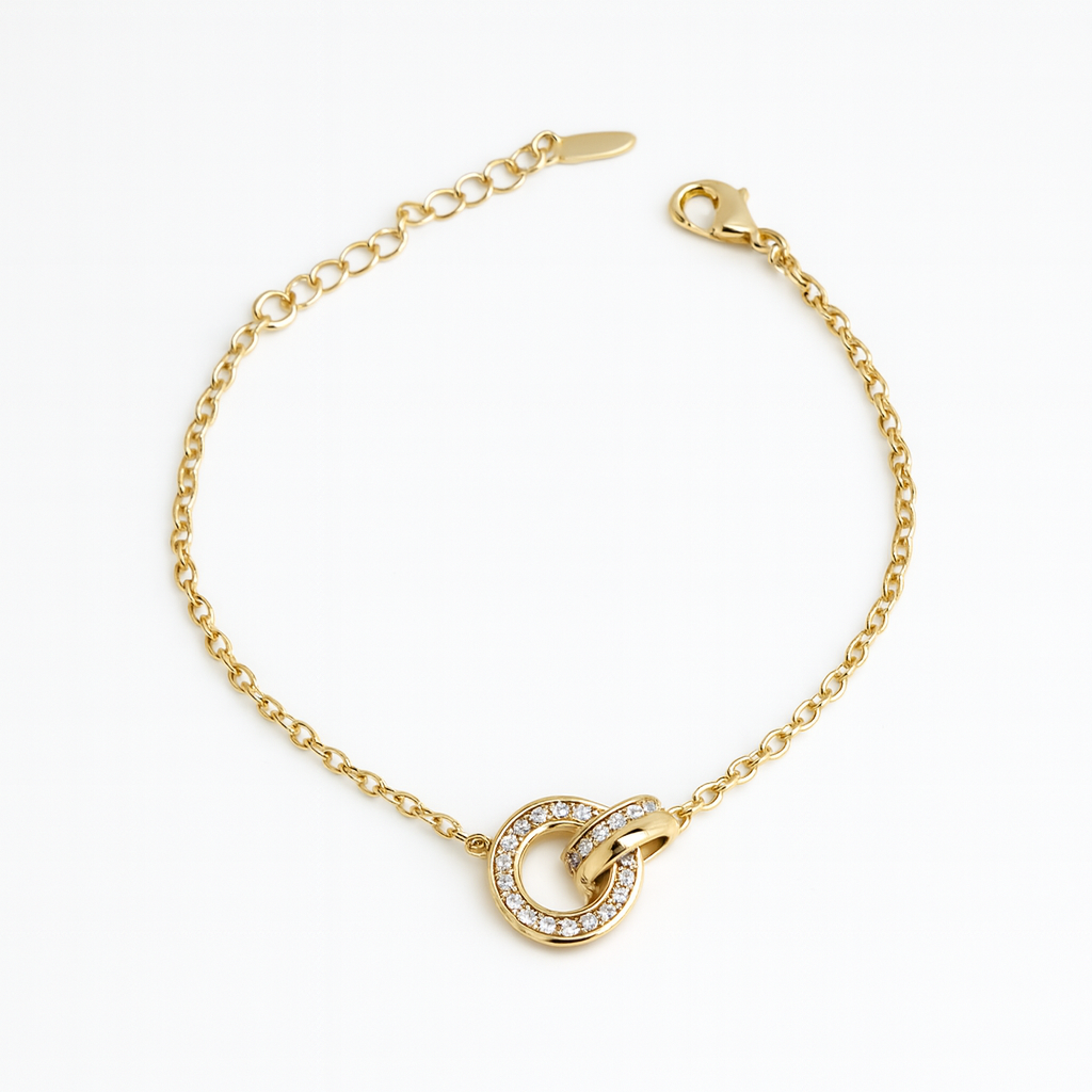 Sedy Jewelry Gold Plated Double Circle Bracelet with CZ Stones, Adjustable 16+5 cm