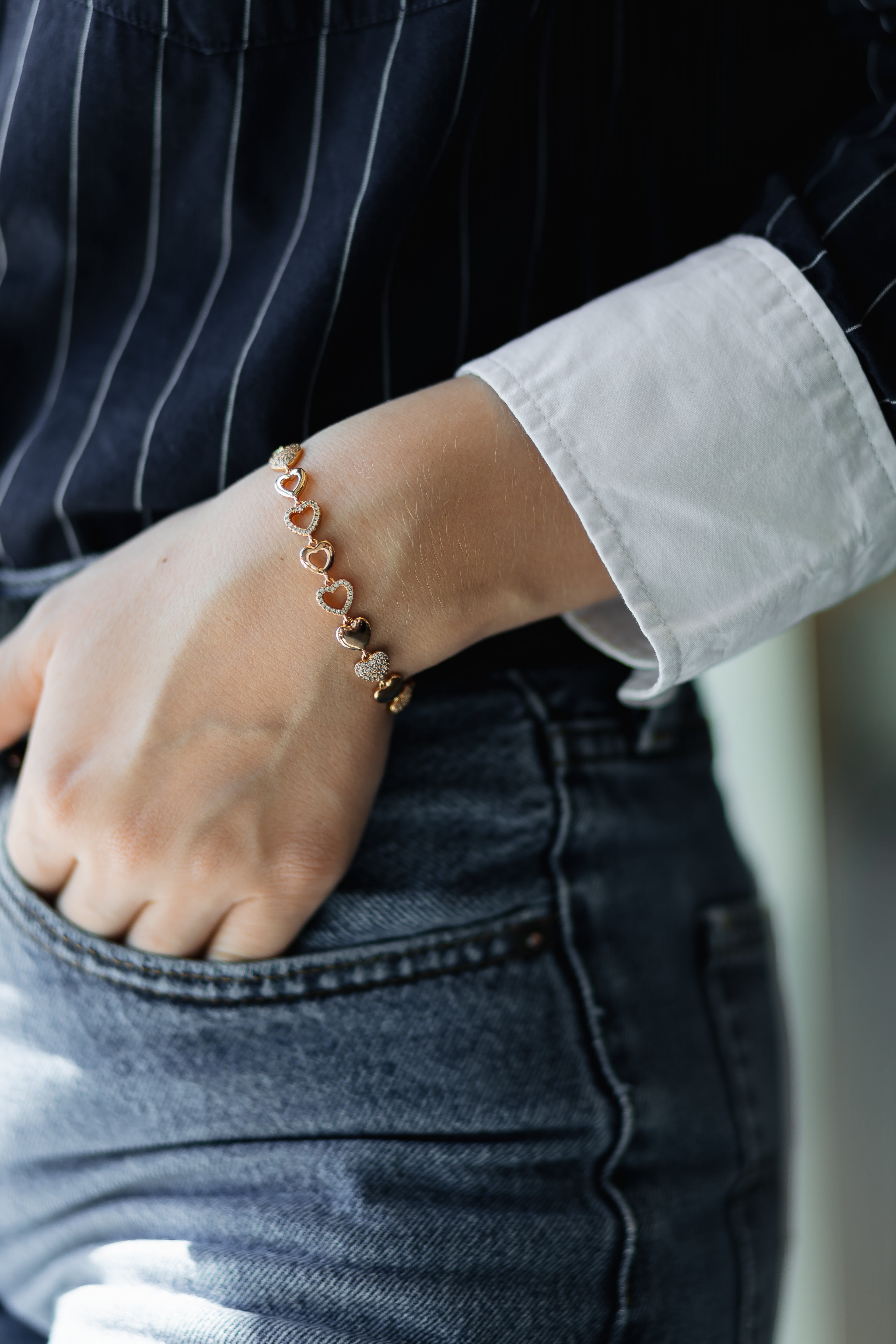 CZ Heart Link Bracelet for Women – Gold & Rose Gold Plated, 17+2 cm