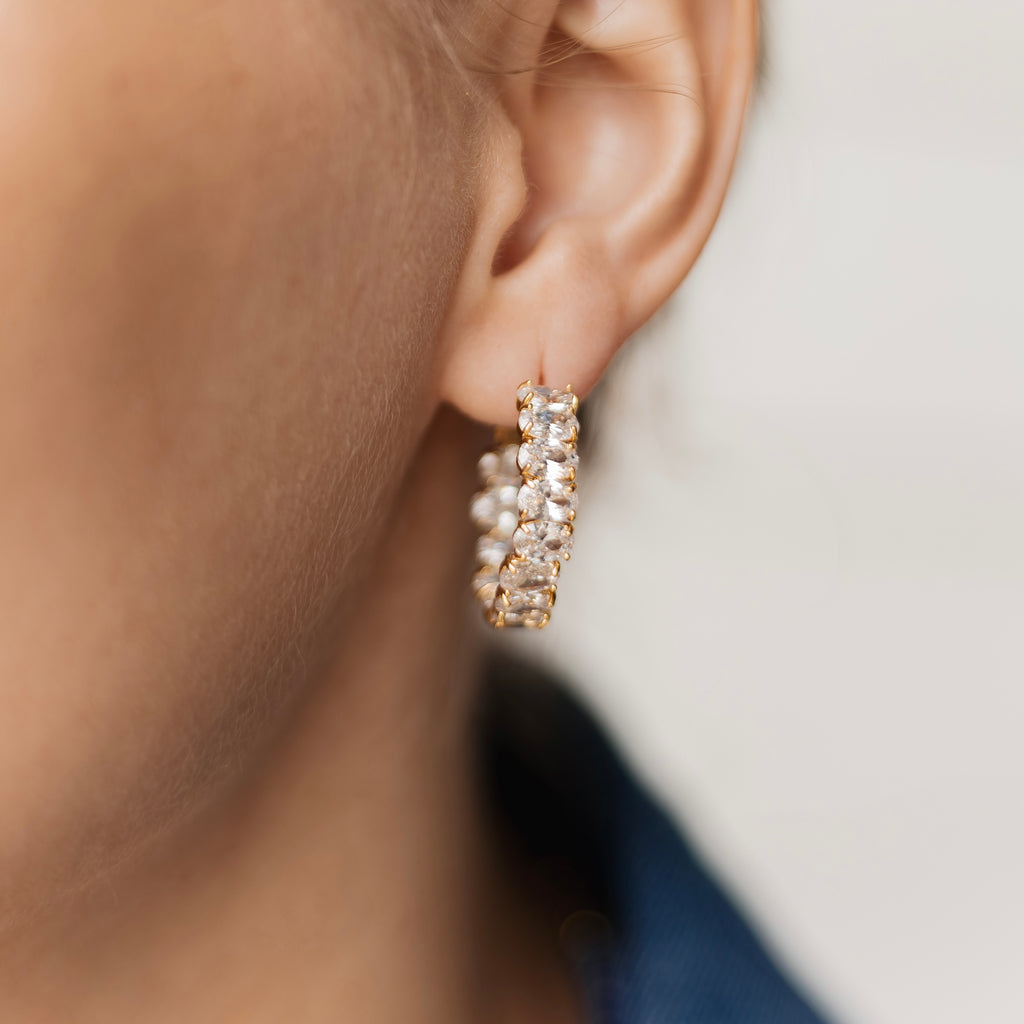 Gold Plated CZ Hoop Earrings, Sterling Silver Post, 2.5 cm