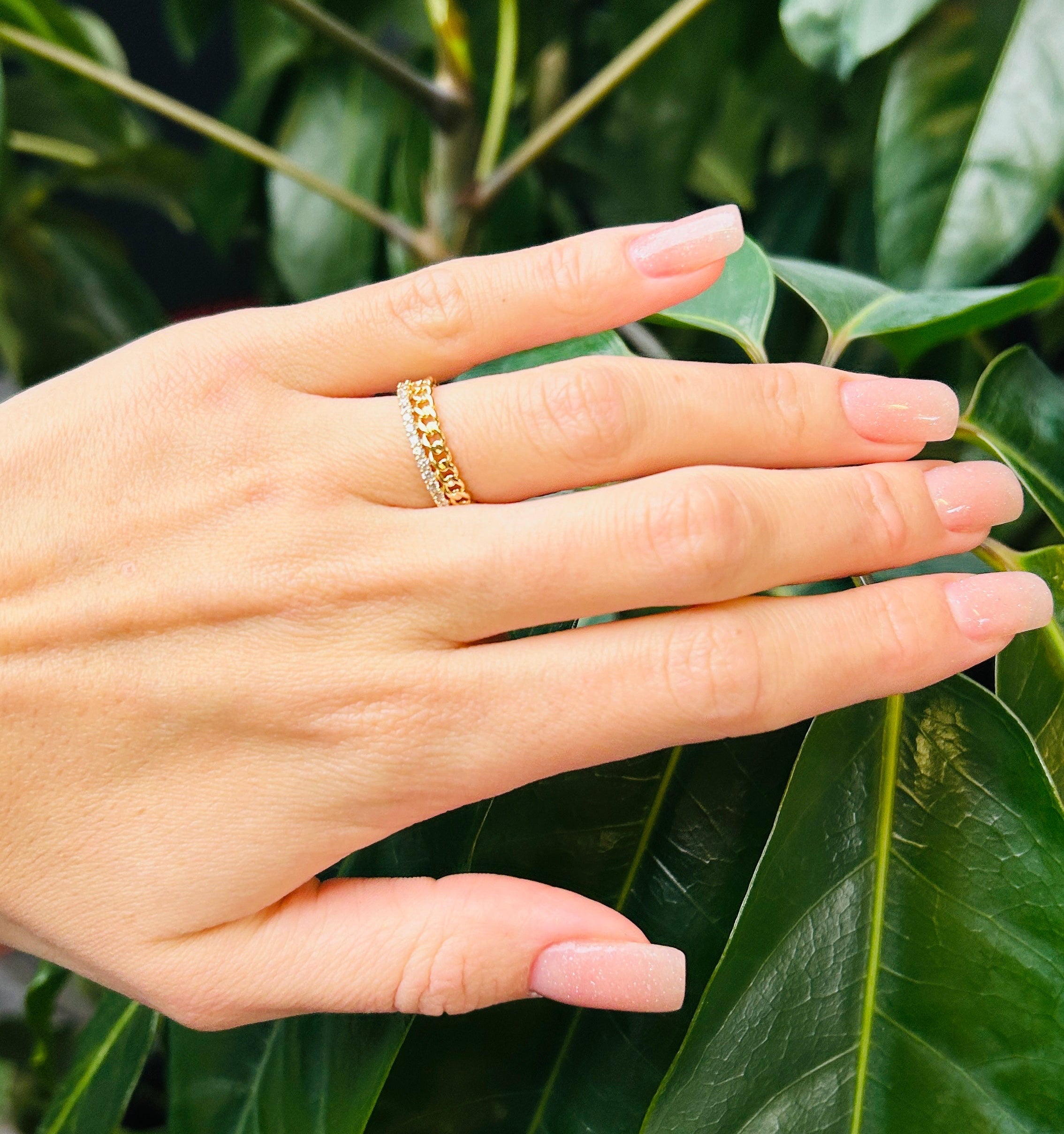 Gold Plated Chain Ring with CZ Stones, 4mm Width, Size 6/7
