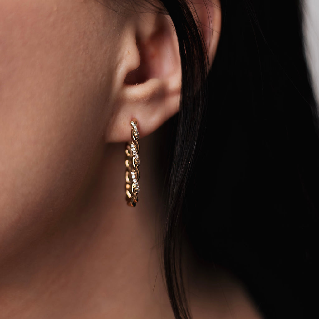 Rose Gold Plated Twisted Hoop Earrings with CZ, 3 cm