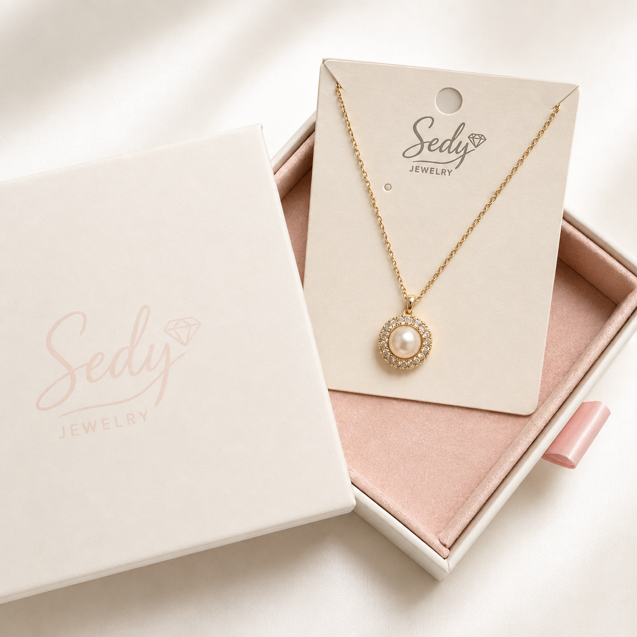 Gold Plated Round Faux Pearl Pendant Necklace with CZ Halo – Hypoallergenic, Non-Tarnish