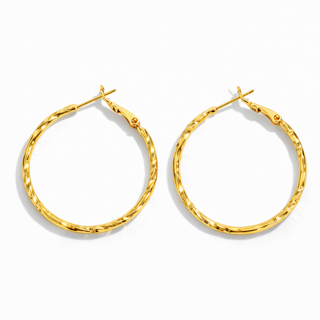 Gold Plated Hoop Earrings 3 cm, Textured Lightweight Hoops