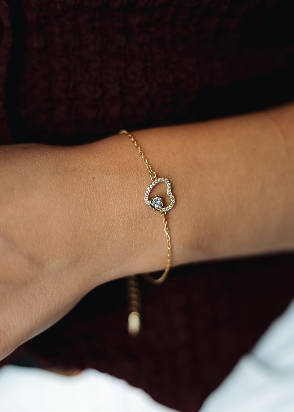 CZ Heart Bracelet – Gold Plated, Adjustable 17+5 cm