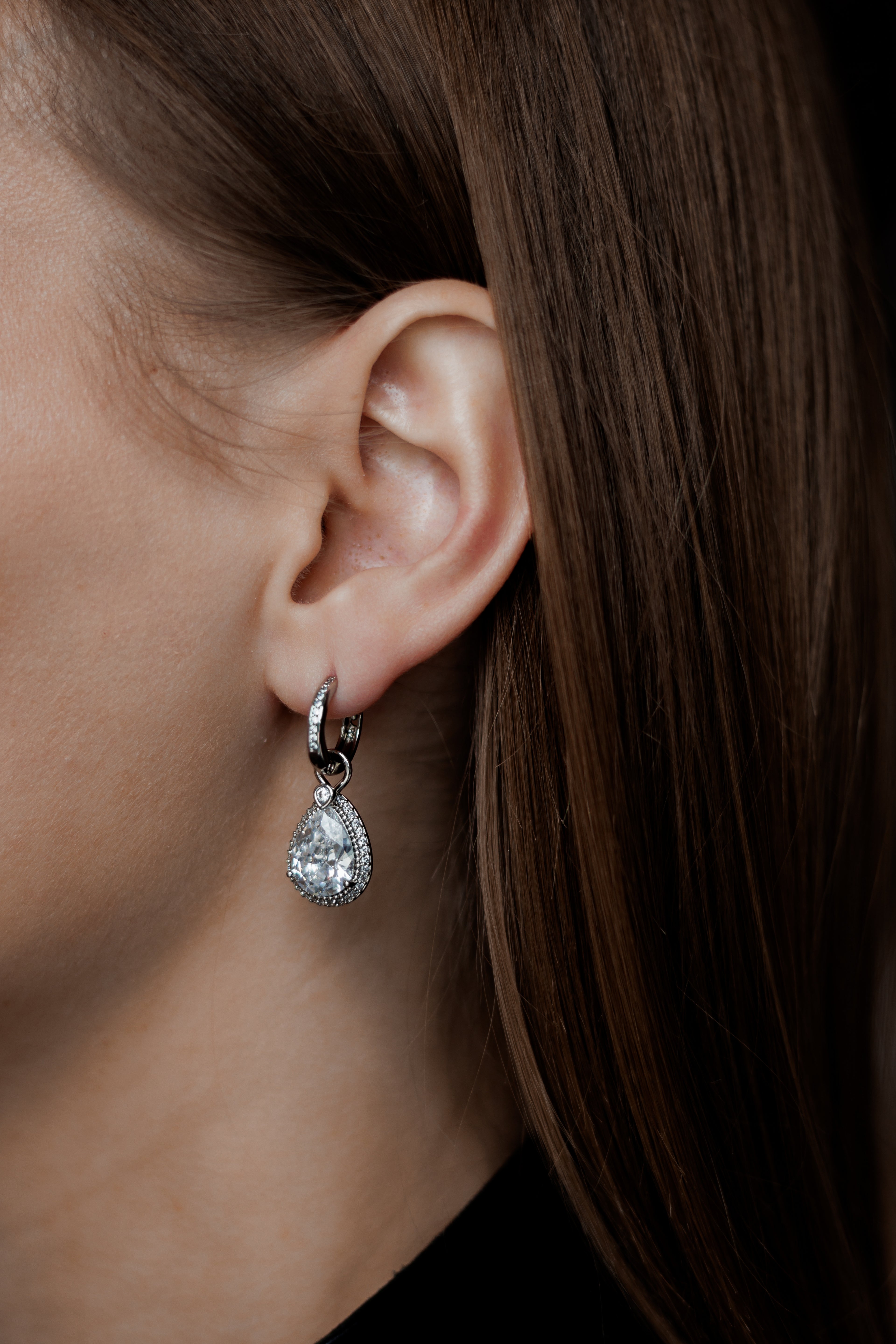 Convertible 2-in-1 Hoop Earrings with Pear Drop – White Gold Plated