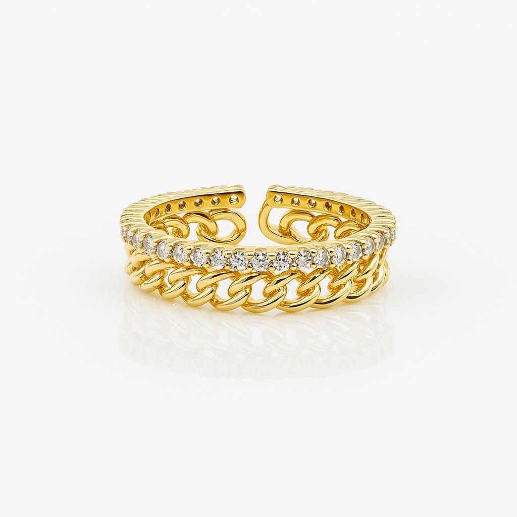 Gold Plated Chain Ring with CZ Stones, 4mm Width, Size 6/7